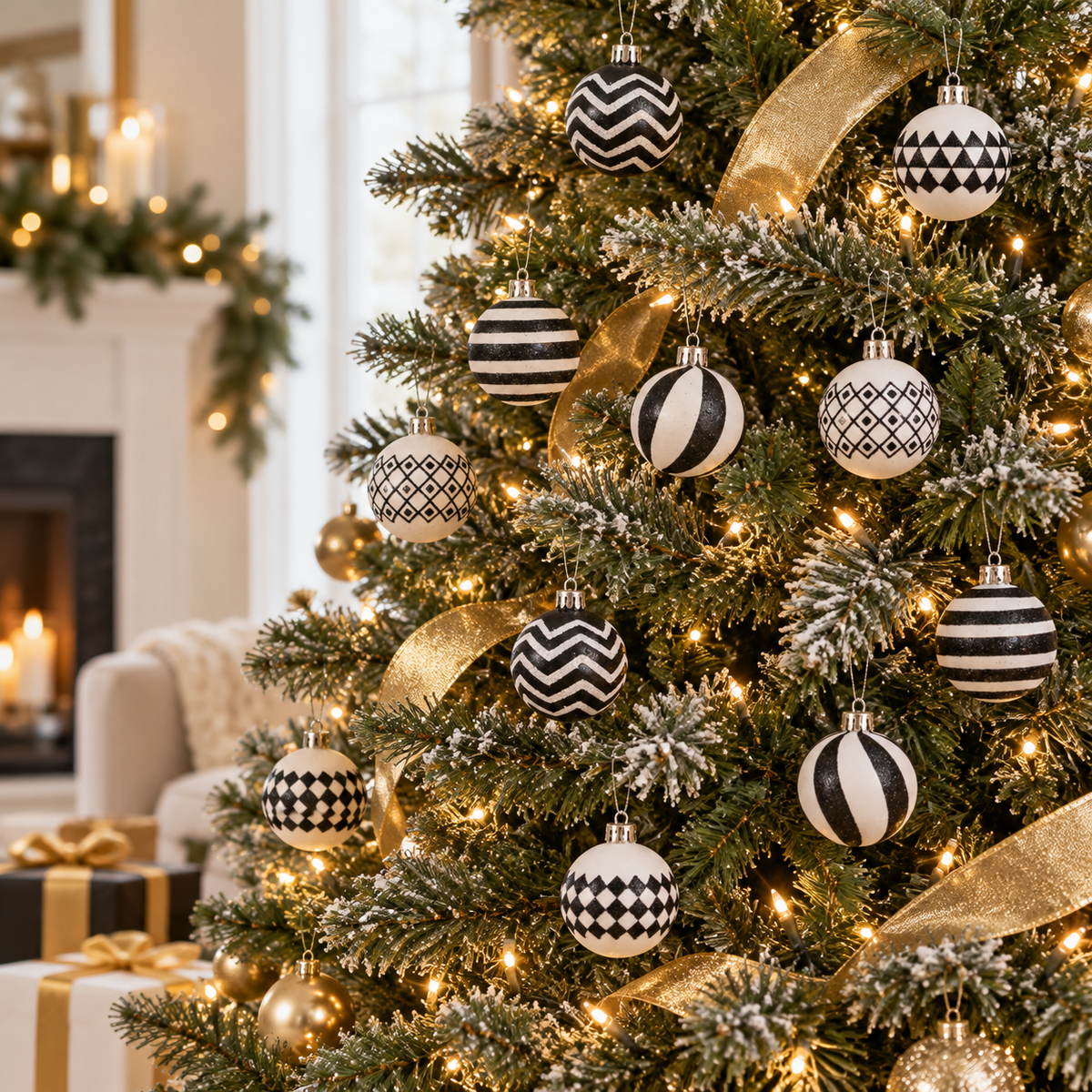 Christmas tree with warm white lights and gold ribbon decorated with black and white glitter ornaments in zigzag, stripe, diamond, harlequin and swirl designs