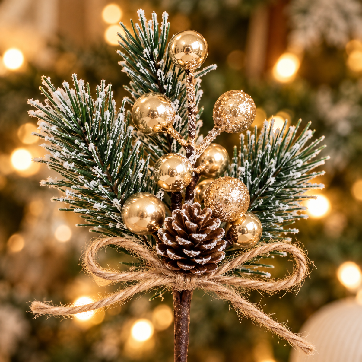 Close-up of a frosted pine pick with gold berries, pinecone and jute bow