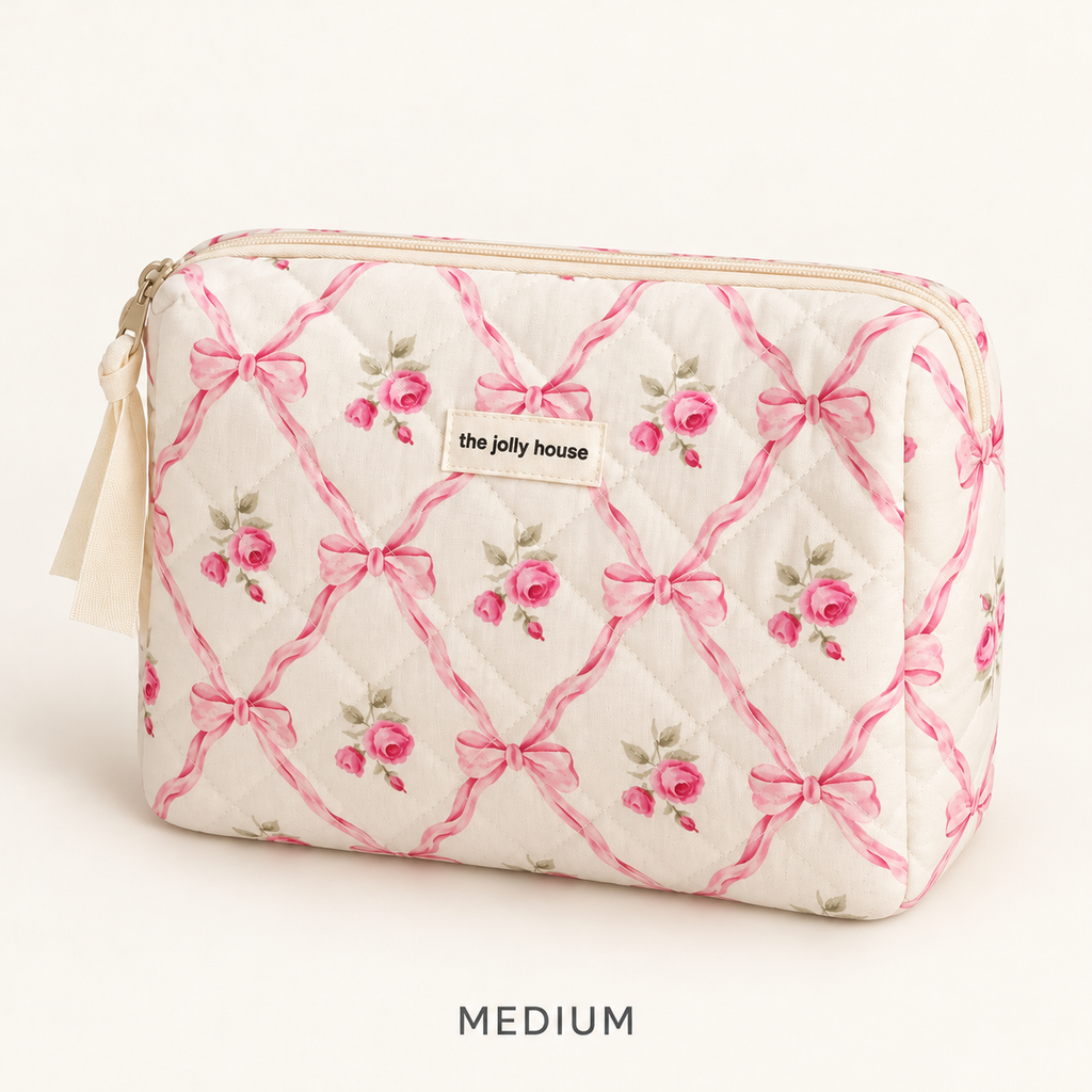 Pink bow and rose quilted makeup bag, Medium zip pouch