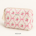 Pink bow and rose quilted makeup bag, Medium zip pouch