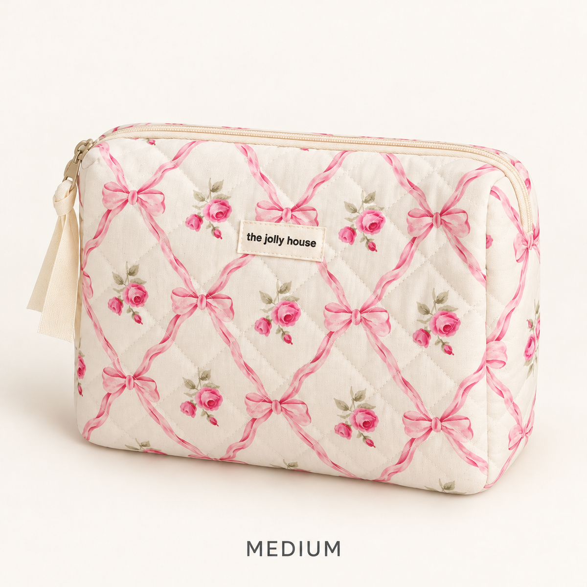 Pink bow and rose quilted makeup bag, Medium zip pouch