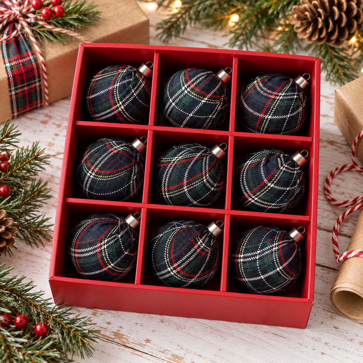 Black Watch plaid Christmas ball ornaments, set of 9 in a red gift box