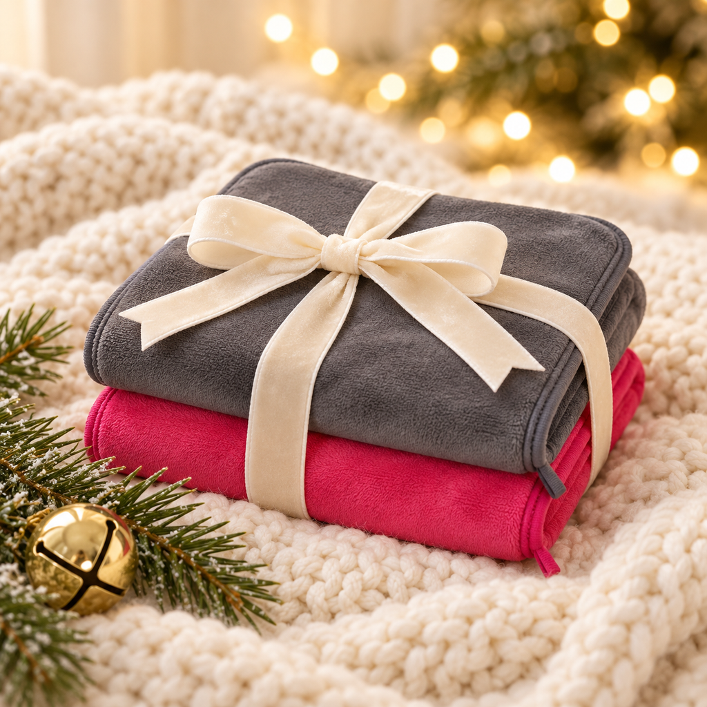 Grey and rose microfiber makeup remover towels tied with a cream ribbon as a Christmas gift