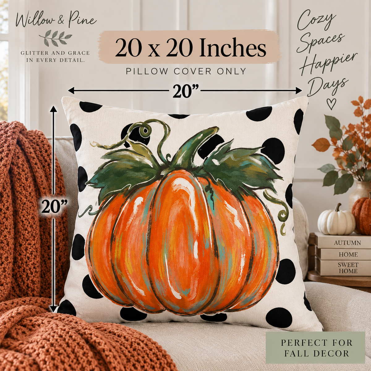 20 x 20 inch polka dot pumpkin throw pillow cover size guide