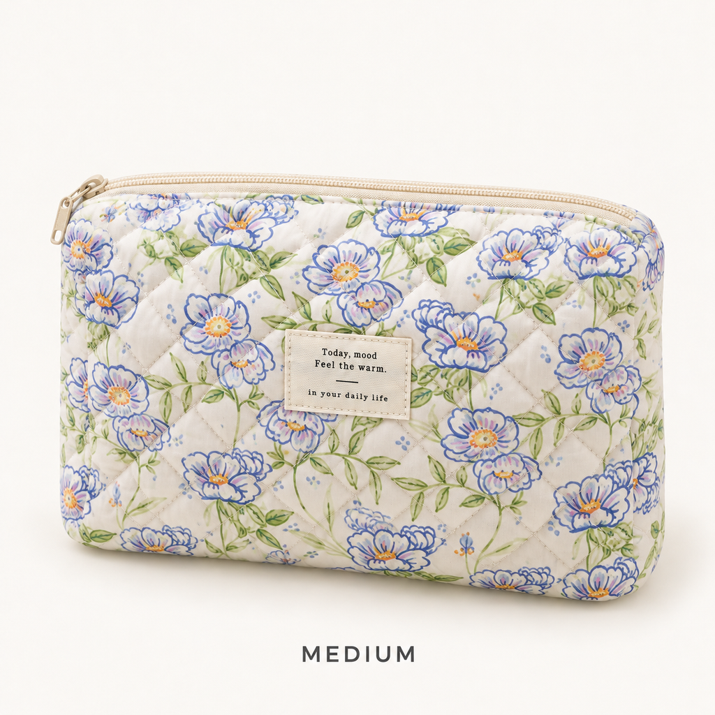 Blue floral quilted makeup bag, Medium zip pouch