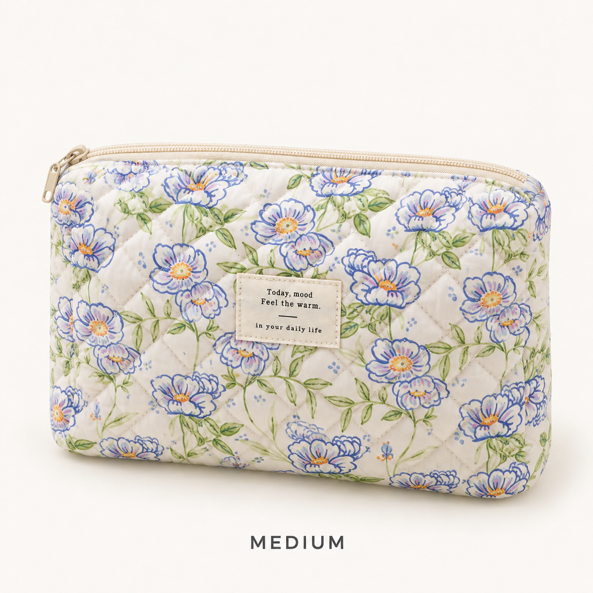 Blue floral quilted makeup bag, Medium zip pouch