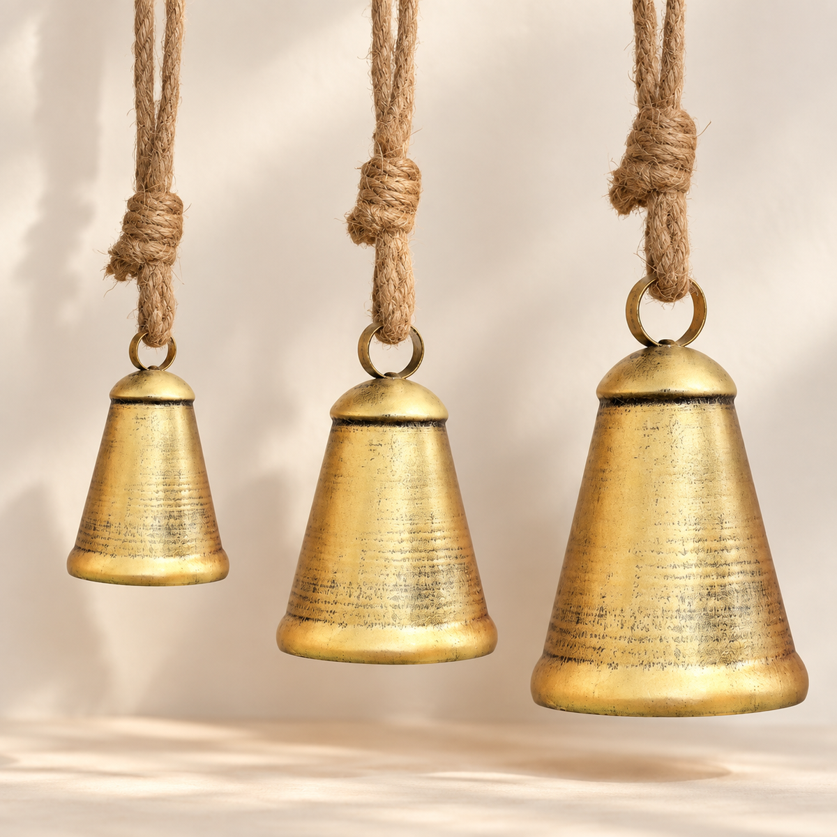 Set of 3 antique gold rustic iron Christmas bells on jute rope