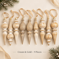 Cream and Gold vintage finial Christmas ornament set, 9 pieces