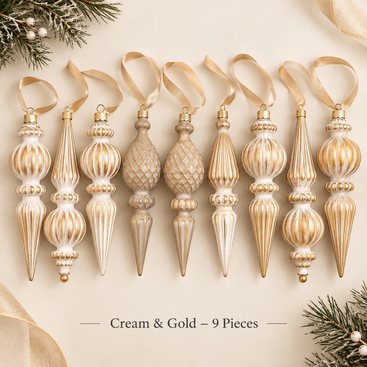 Cream and Gold vintage finial Christmas ornament set, 9 pieces