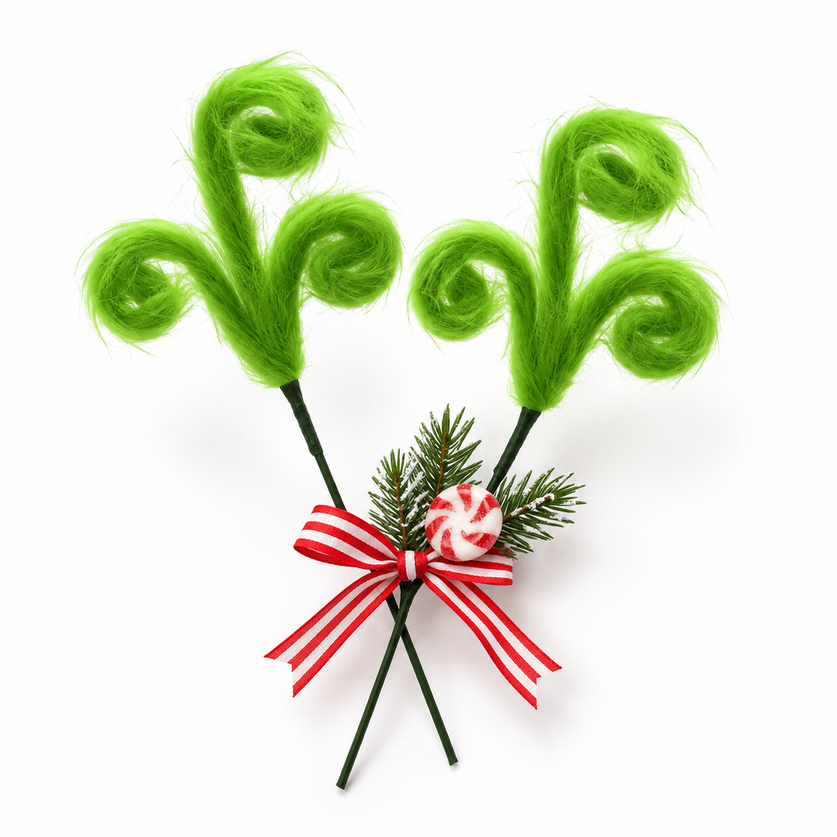 Set of 2 fuzzy lime green curly Christmas picks tied with red and white striped ribbon