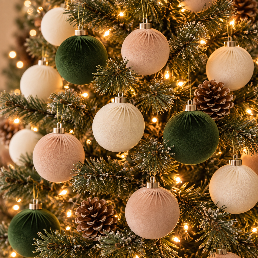Green, blush and cream velvet Christmas ball ornaments on a lit Christmas tree