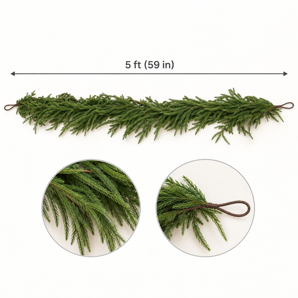 Norfolk pine garland size guide, 5 ft (59 in), with needle and hanging loop details