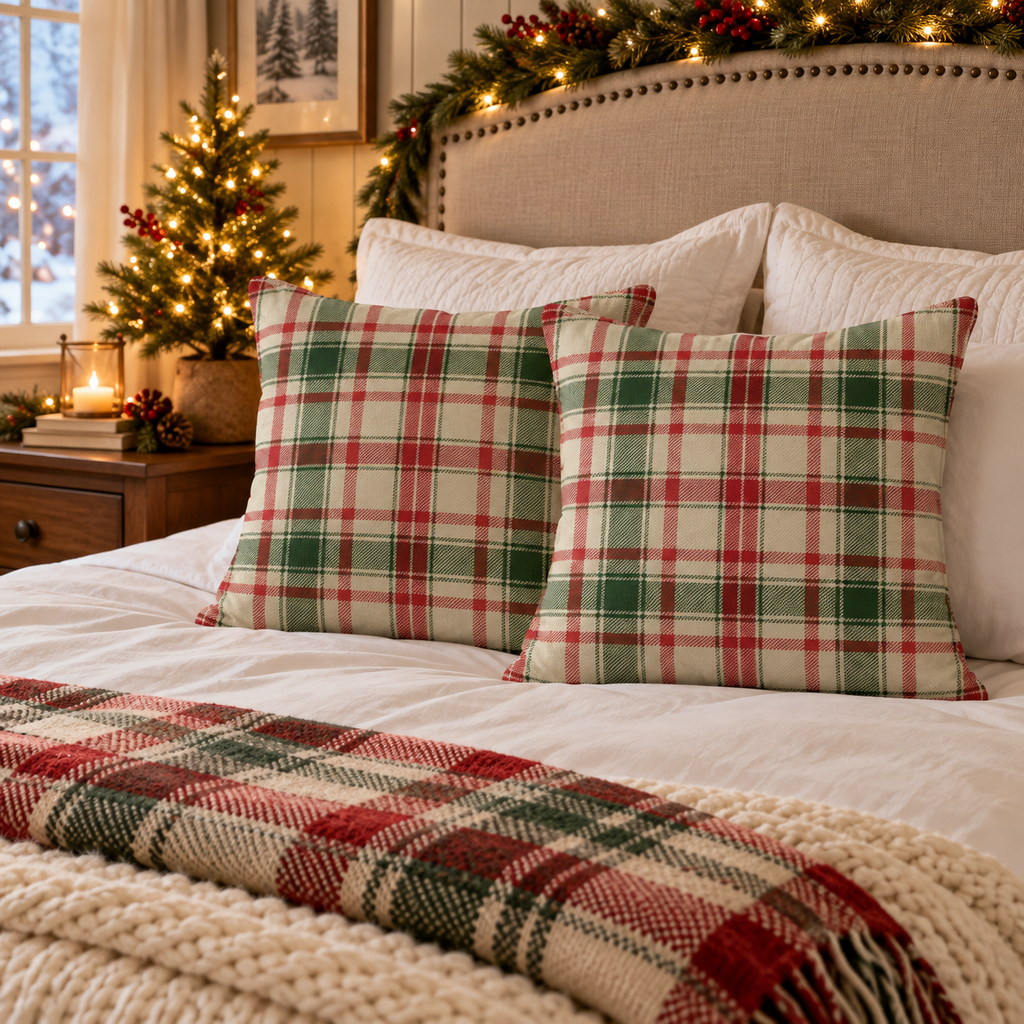 Light cream and red check Christmas plaid pillow covers on a bed with festive bedding