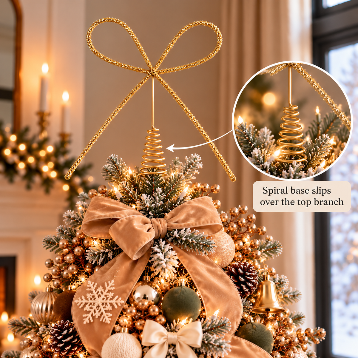 Gold bow tree topper showing spiral base that slips over the top branch