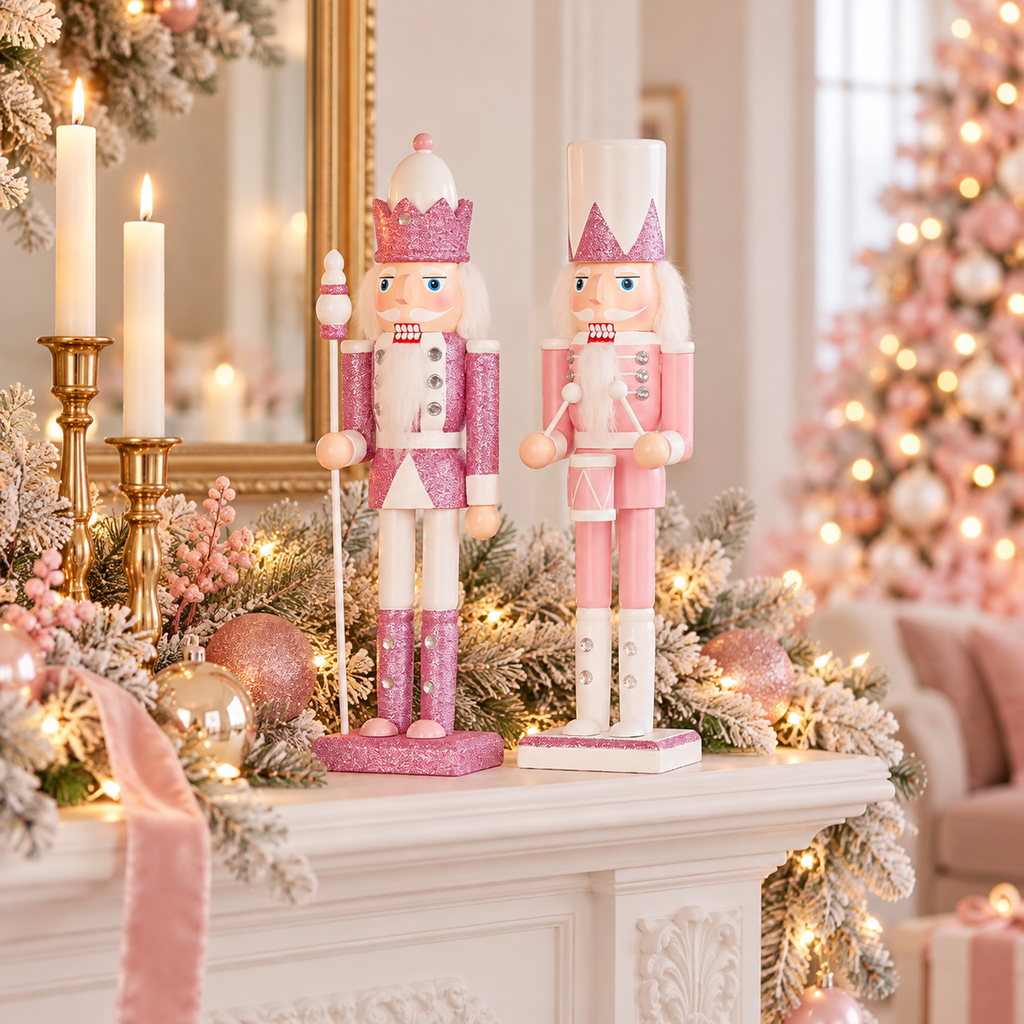 Pink and white glitter wooden nutcrackers with scepter and drum on a white fireplace mantel with frosted pink garland, gold candlesticks and a pink Christmas tree