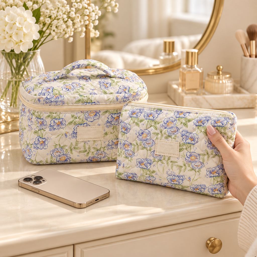 Blue floral quilted makeup bags, Large box case and Medium zip pouch, on a vanity with a hand holding the pouch