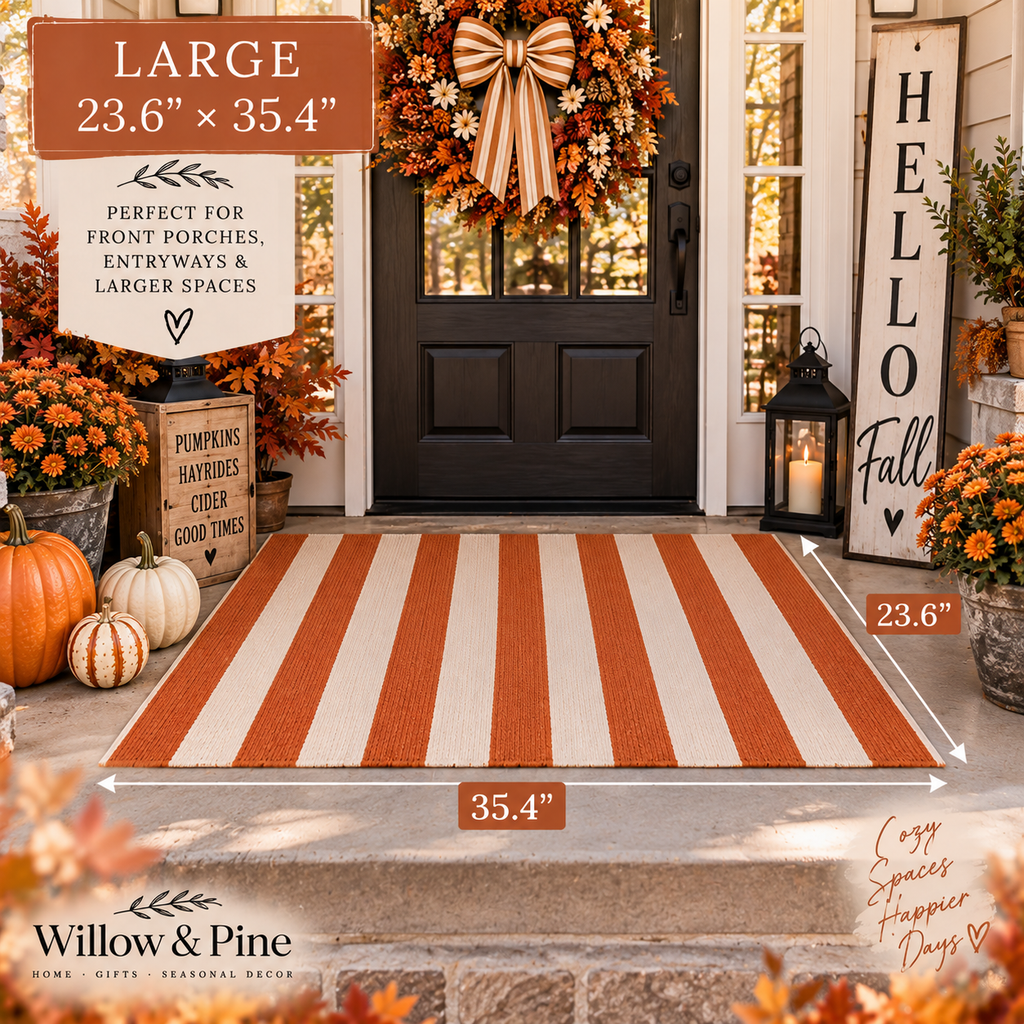 A large striped outdoor front porch rug shown in a real porch setting with dimension callouts reading 23.6 x 35.