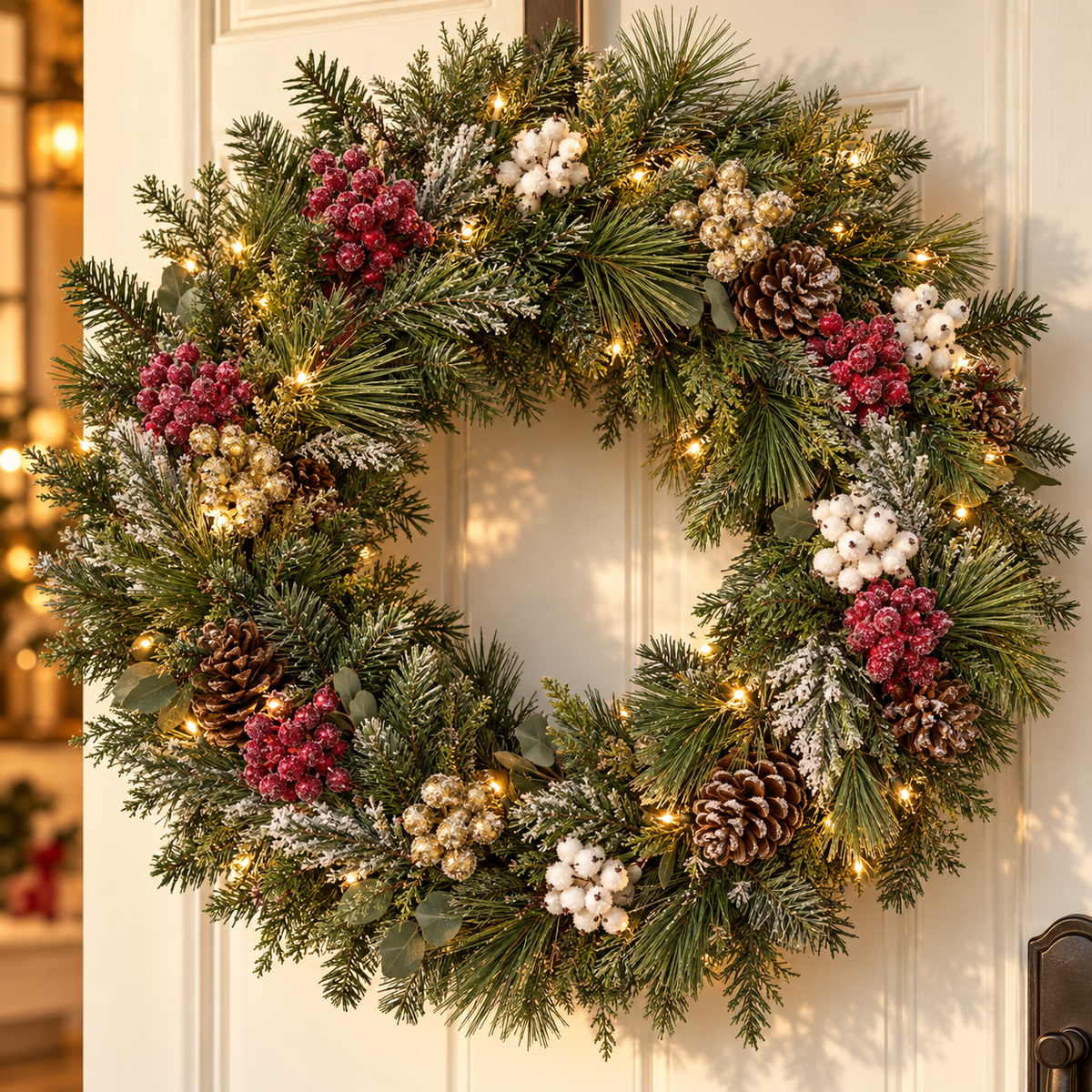 Pine wreath decorated with frosted wine red, gold and white berry picks