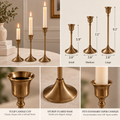 Antique Brass candlestick holder set of 3 with size chart and product details