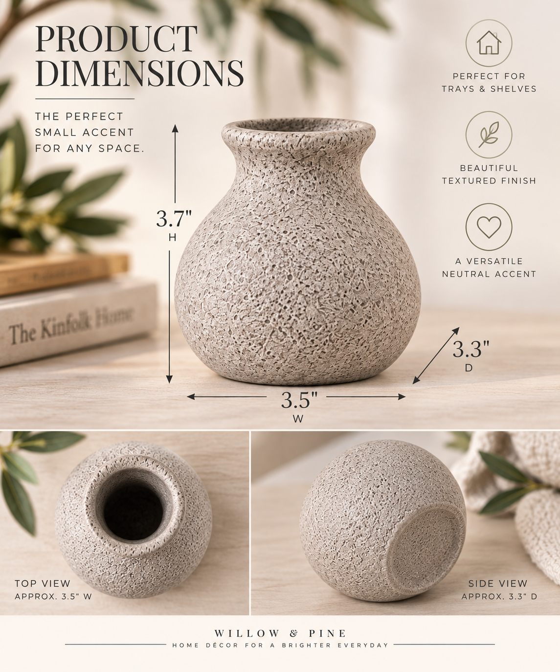 Small Textured Ceramic Bud Vase – Grey Minimalist Vase for Shelves & Coffee Tables