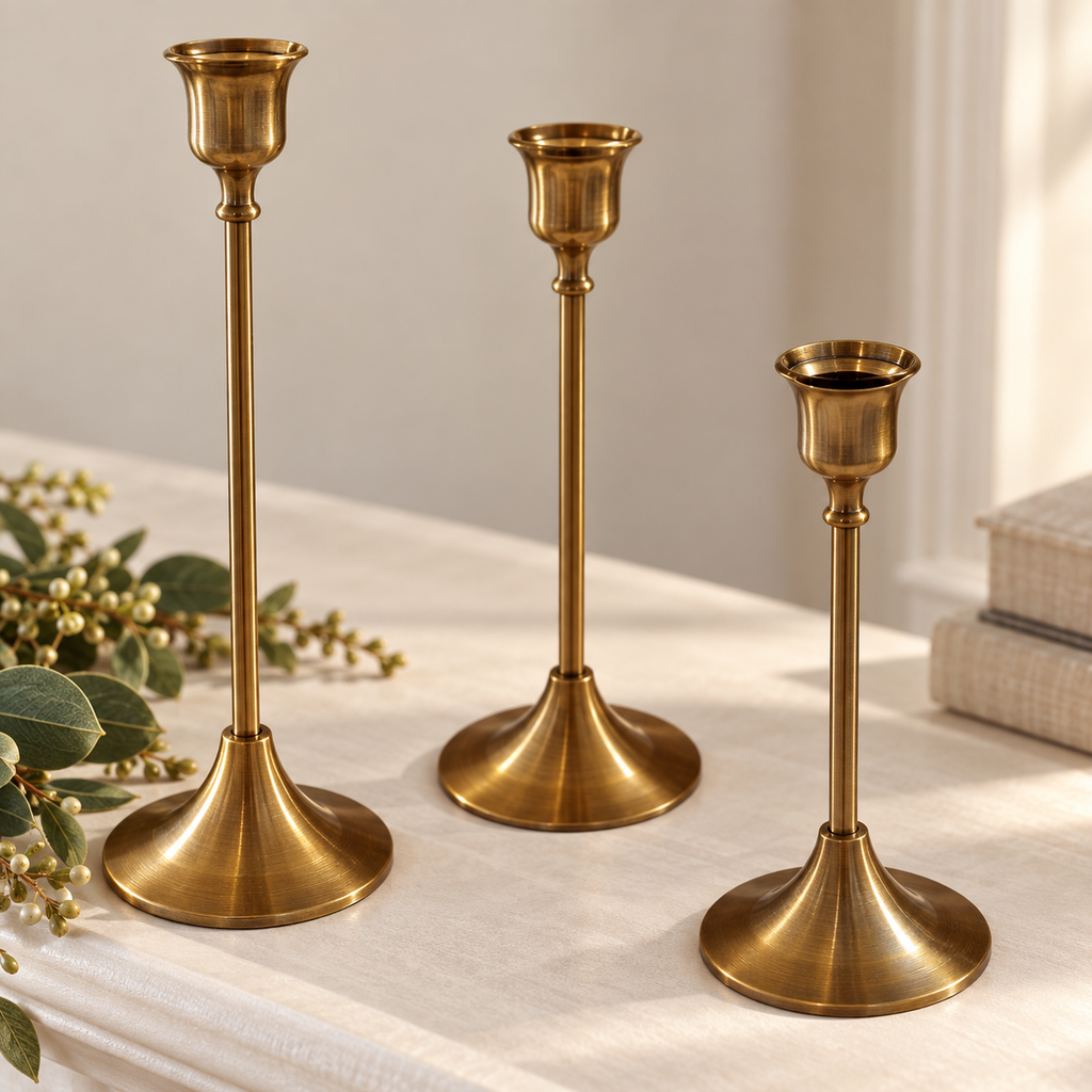 Close-up of gold candlestick holders showing tulip cups and flared bases
