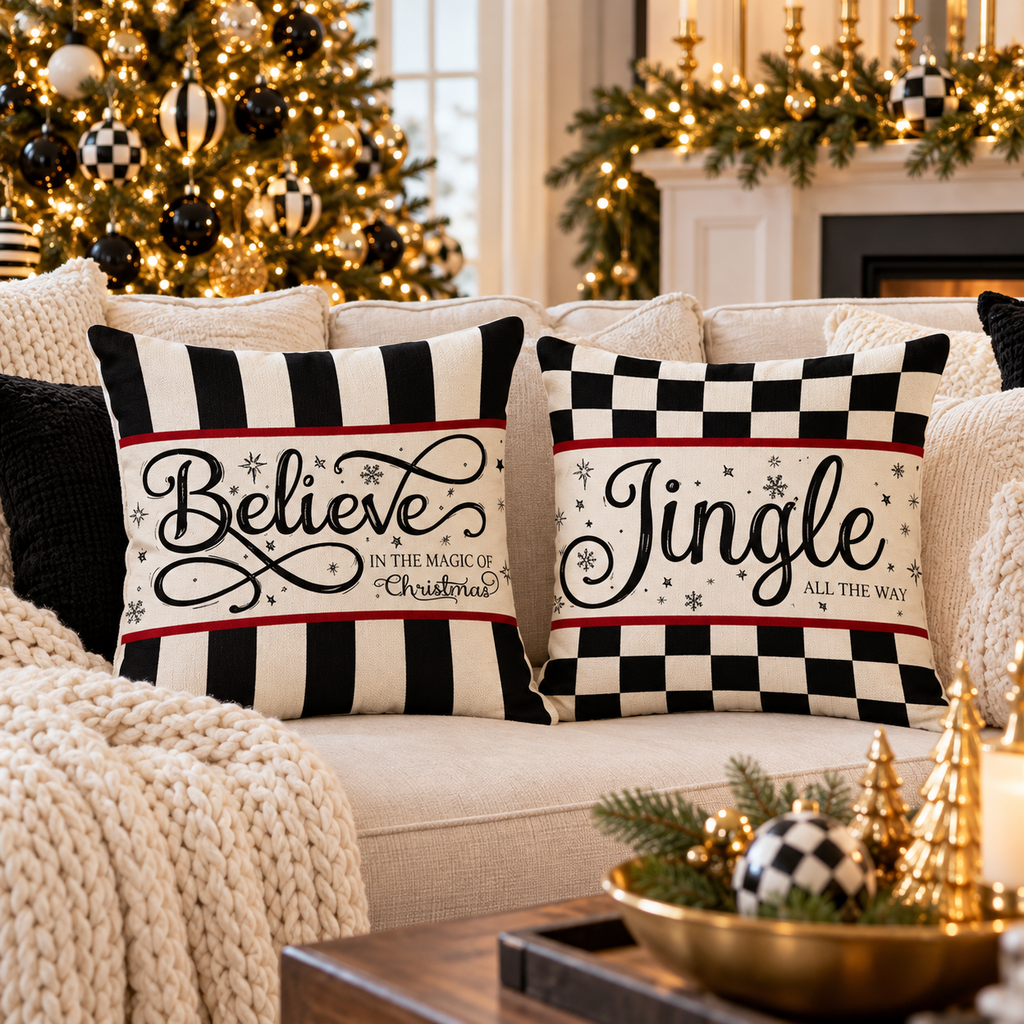 Black and white Christmas pillow covers, Believe with stripes and Jingle All the Way with checks, on a cream sofa with a gold and black and white decorated Christmas tree and mantel