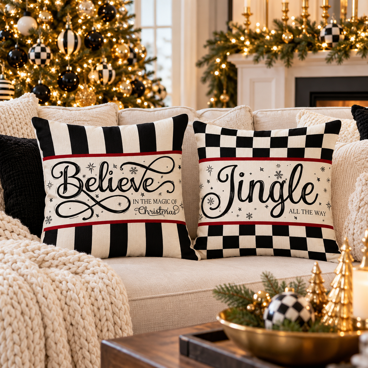 Black and white Christmas pillow covers, Believe with stripes and Jingle All the Way with checks, on a cream sofa with a gold and black and white decorated Christmas tree and mantel