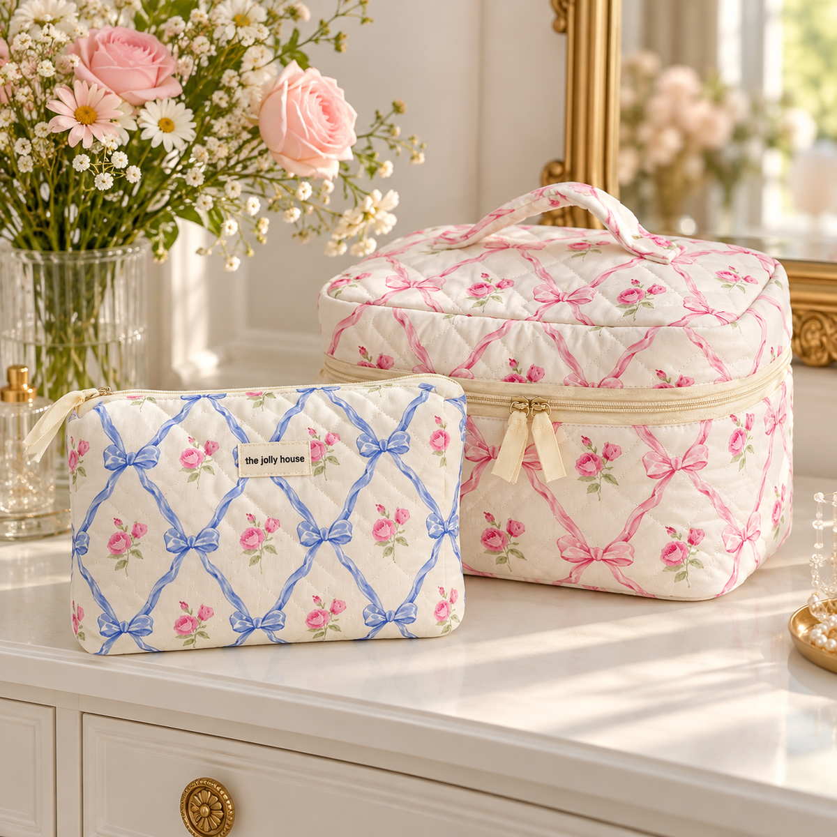 Pink bow and rose Large and blue bow and rose Medium quilted makeup bags on a white vanity with pink roses