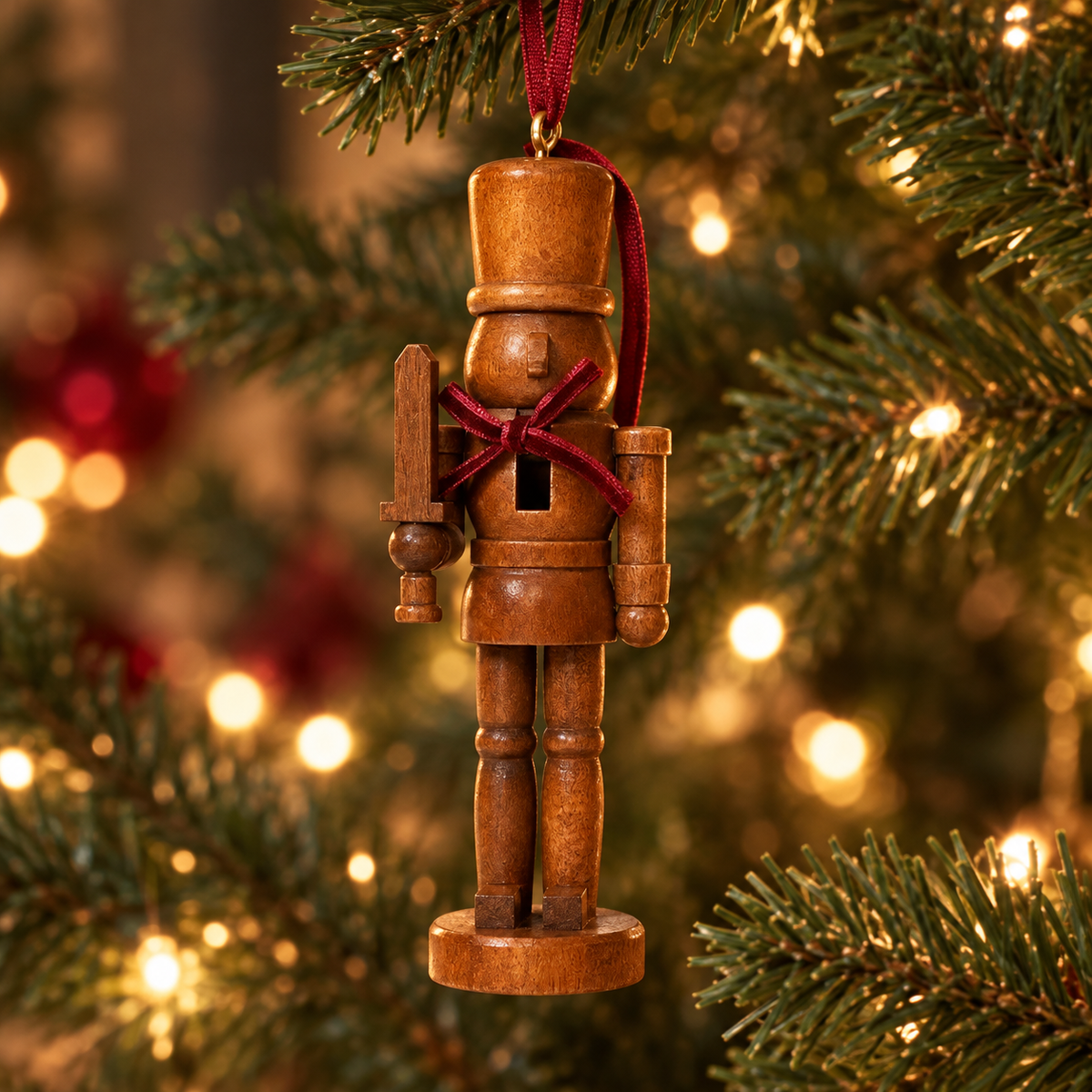 Close-up of a rustic wooden nutcracker ornament with red ribbon on a pine branch