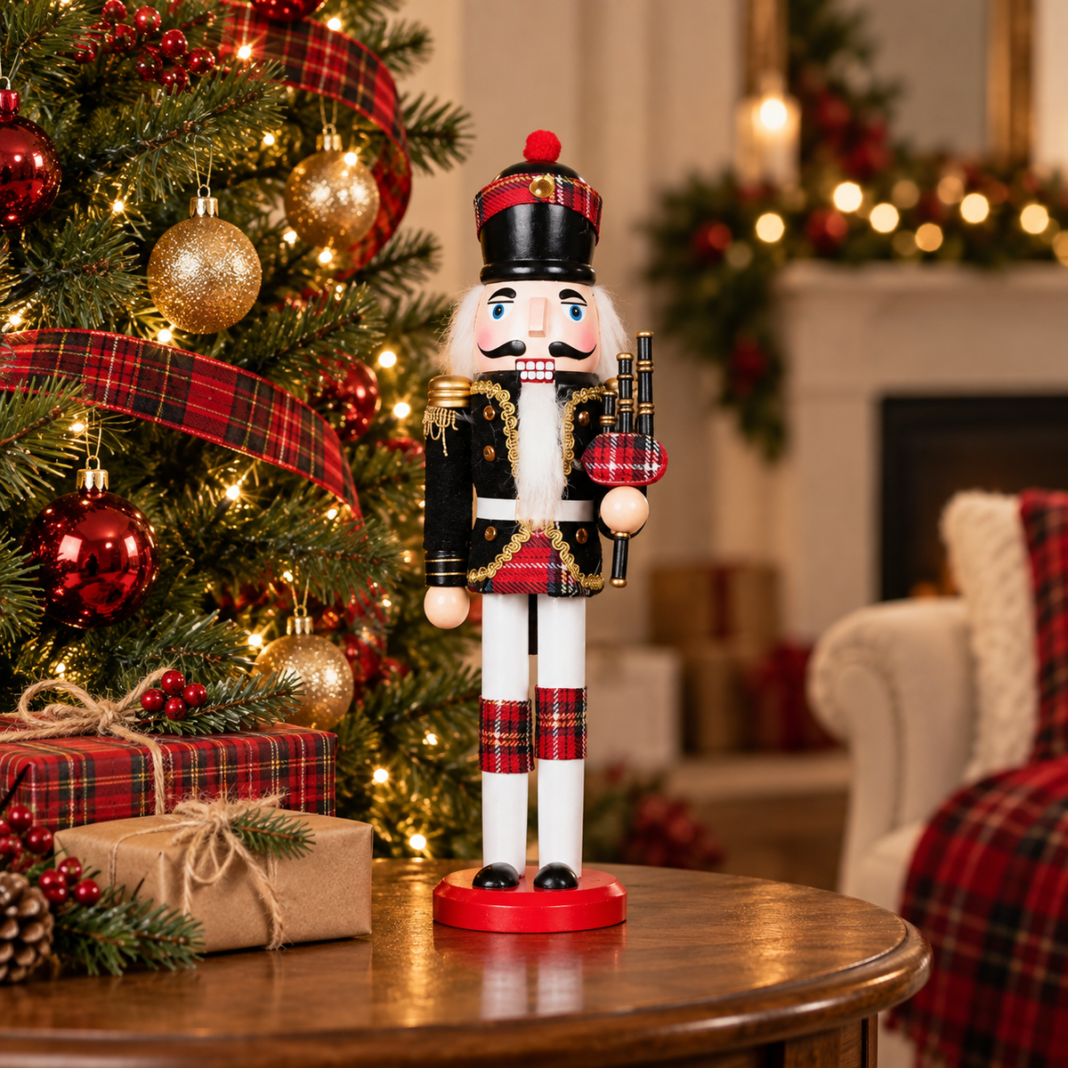 Bagpiper nutcracker beside a Christmas tree decorated with red tartan ribbon and gold ornaments, with tartan-wrapped gifts