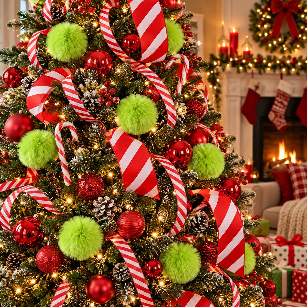 Christmas tree with red and white candy stripe ribbon woven through branches, lime green pom-poms and red ornaments