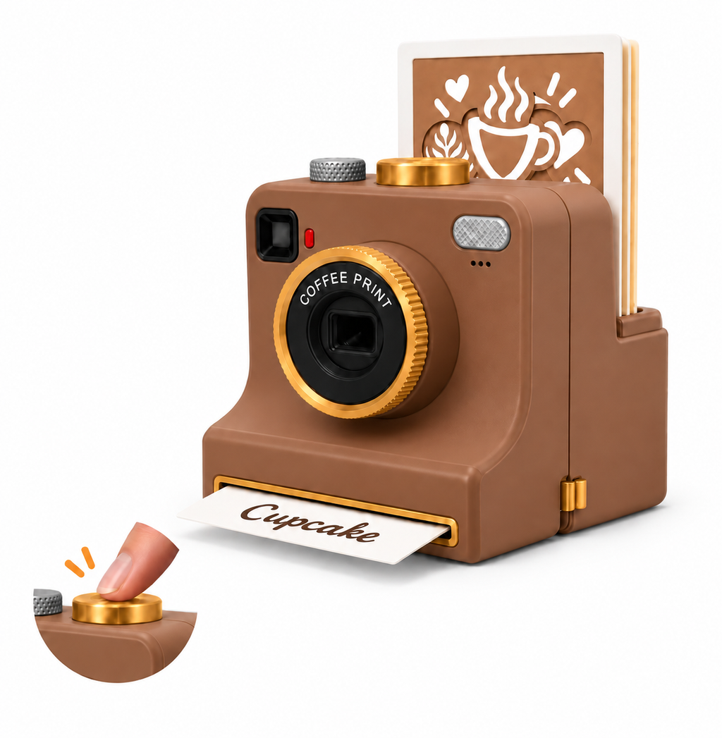 Brown latte art stencil camera with one-touch gold button