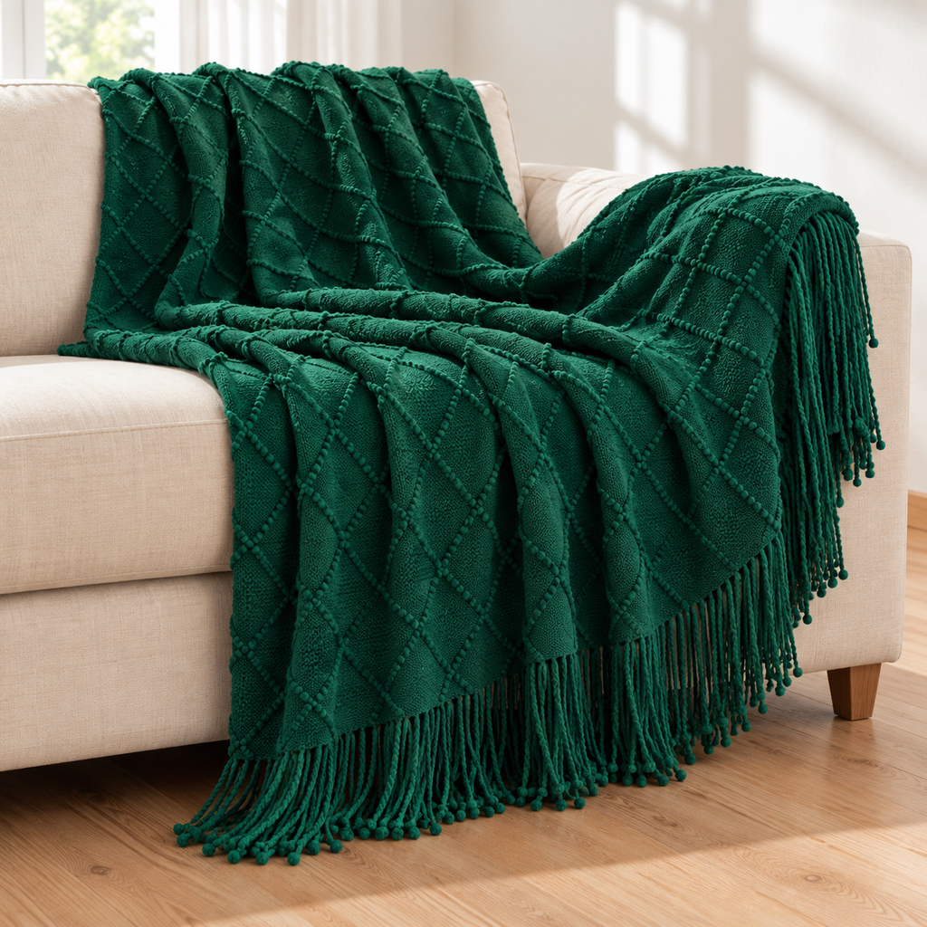 Evergreen diamond knit throw blanket with tassels