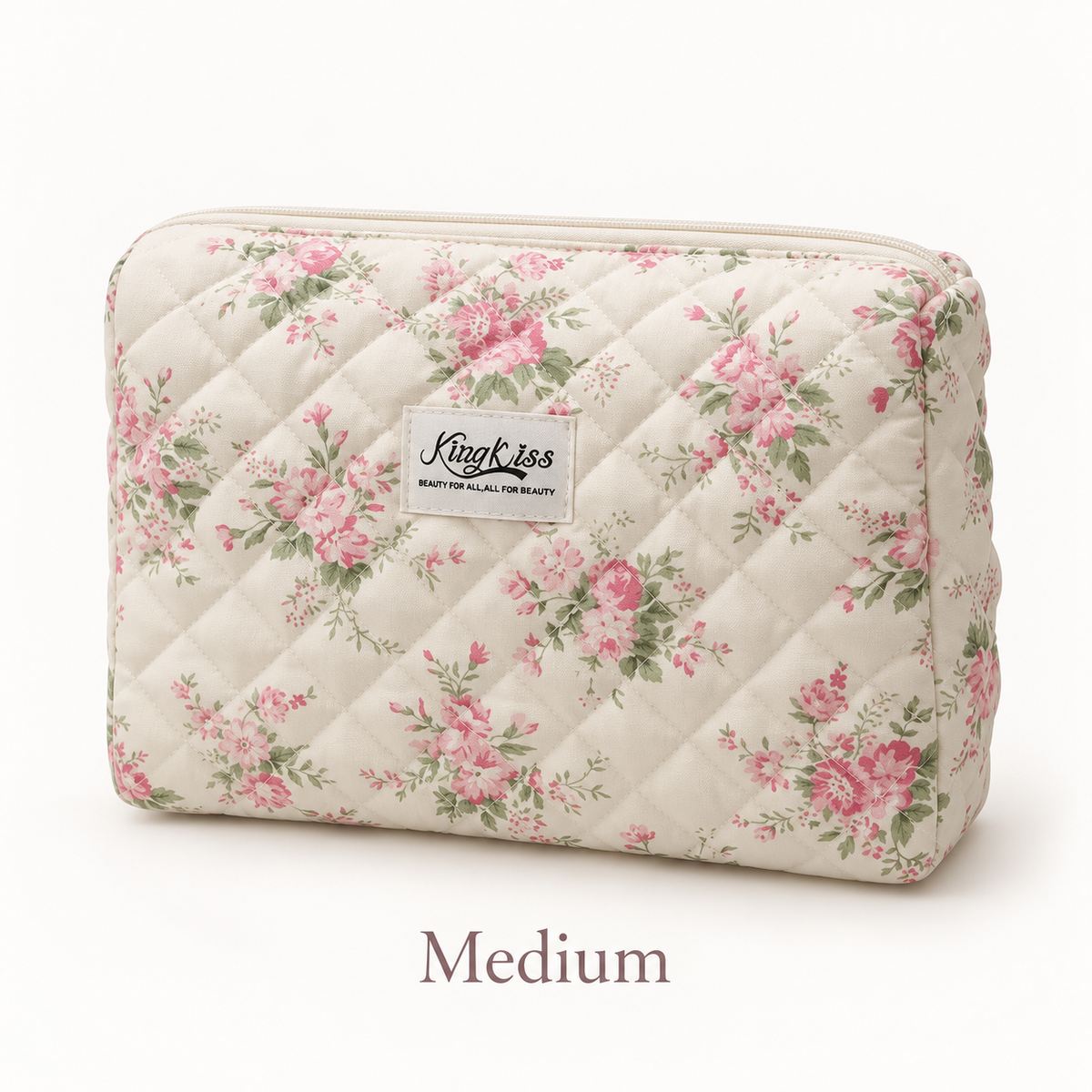 Pink floral quilted cotton makeup bag, Medium zip pouch