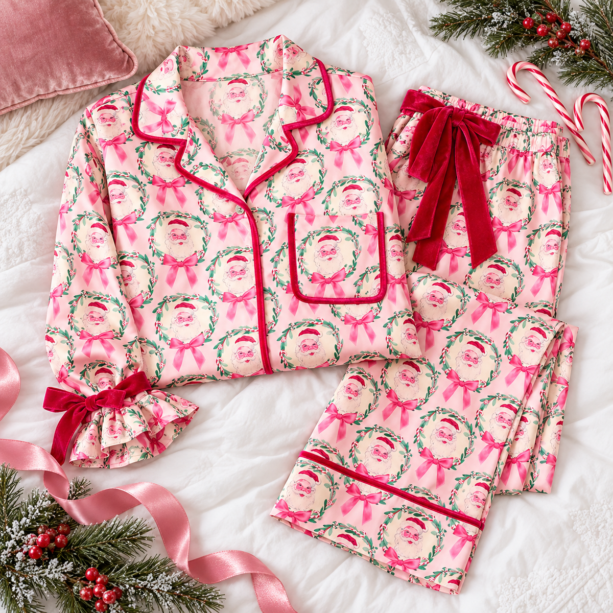 Pink Santa wreath satin pajama top and pants folded flat with pine and candy canes