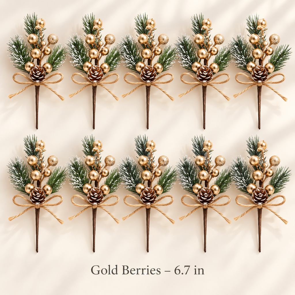 Frosted pine picks with gold berries, 6.7 inches