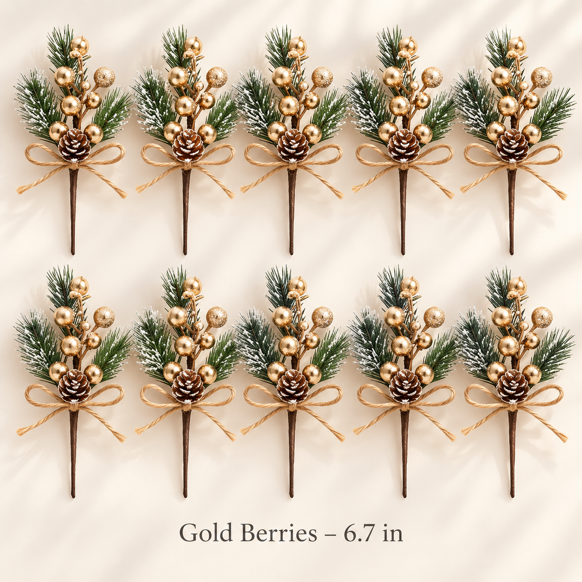 Frosted pine picks with gold berries, 6.7 inches
