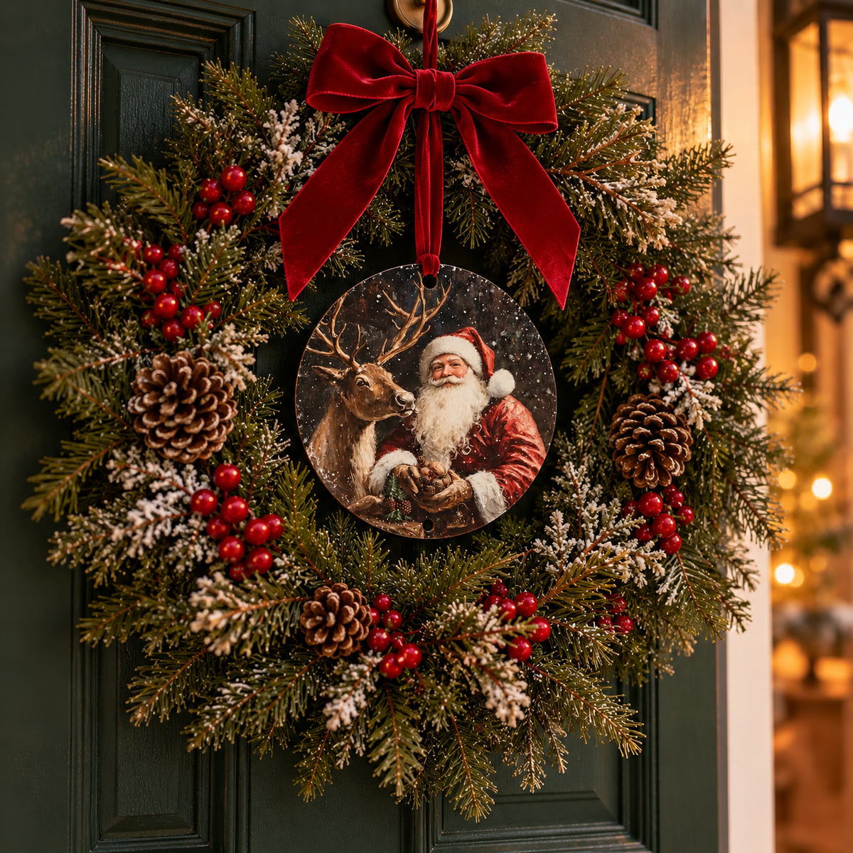 Santa and reindeer sign hung in the center of a Christmas wreath on a green front door