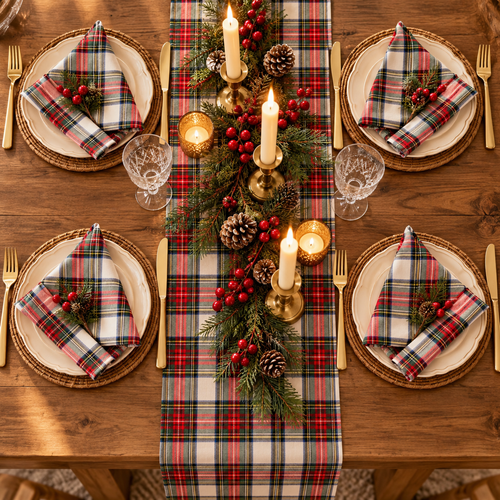 Overhead view of tartan plaid table runner with four place settings and folded plaid napkins