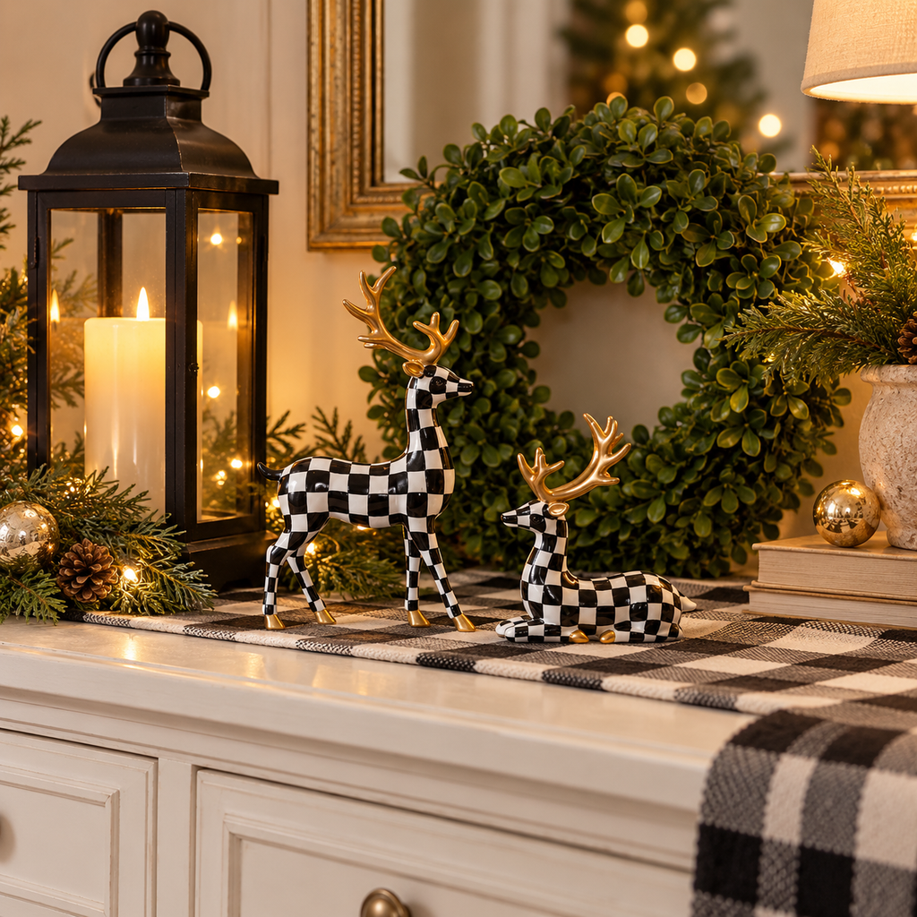 Checkered Christmas deer figurines on an entryway table with a boxwood wreath and black lantern