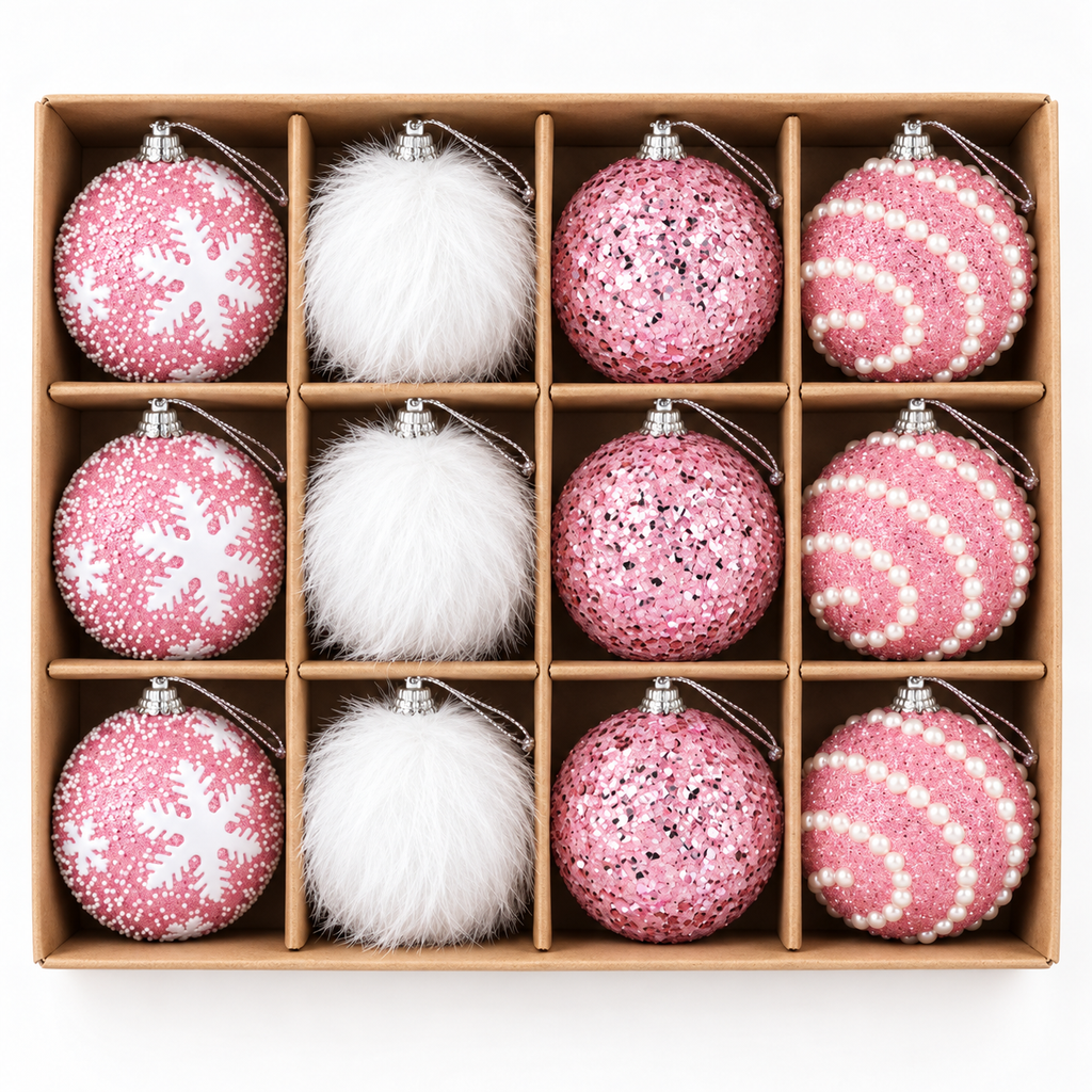 Set of 12 pink and white Christmas ball ornaments in a divided kraft box, 4 styles