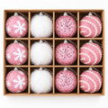 Set of 12 pink and white Christmas ball ornaments in a divided kraft box, 4 styles