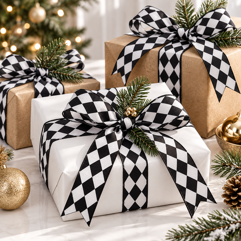 Christmas gifts in white and kraft paper tied with black and white harlequin diamond ribbon bows