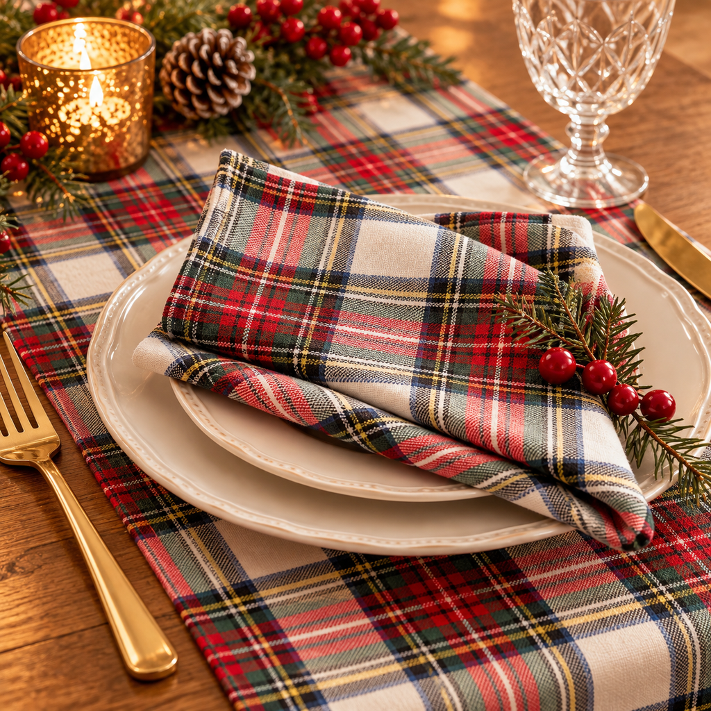 Close-up of a tartan plaid napkin folded on a cream plate resting on the plaid table runner