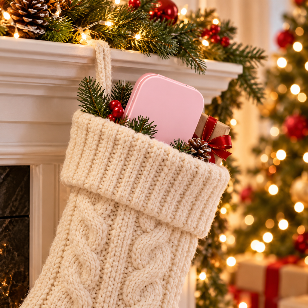 Pink LED compact mirror peeking out of a cream knit Christmas stocking on a mantel with pine garland and lights
