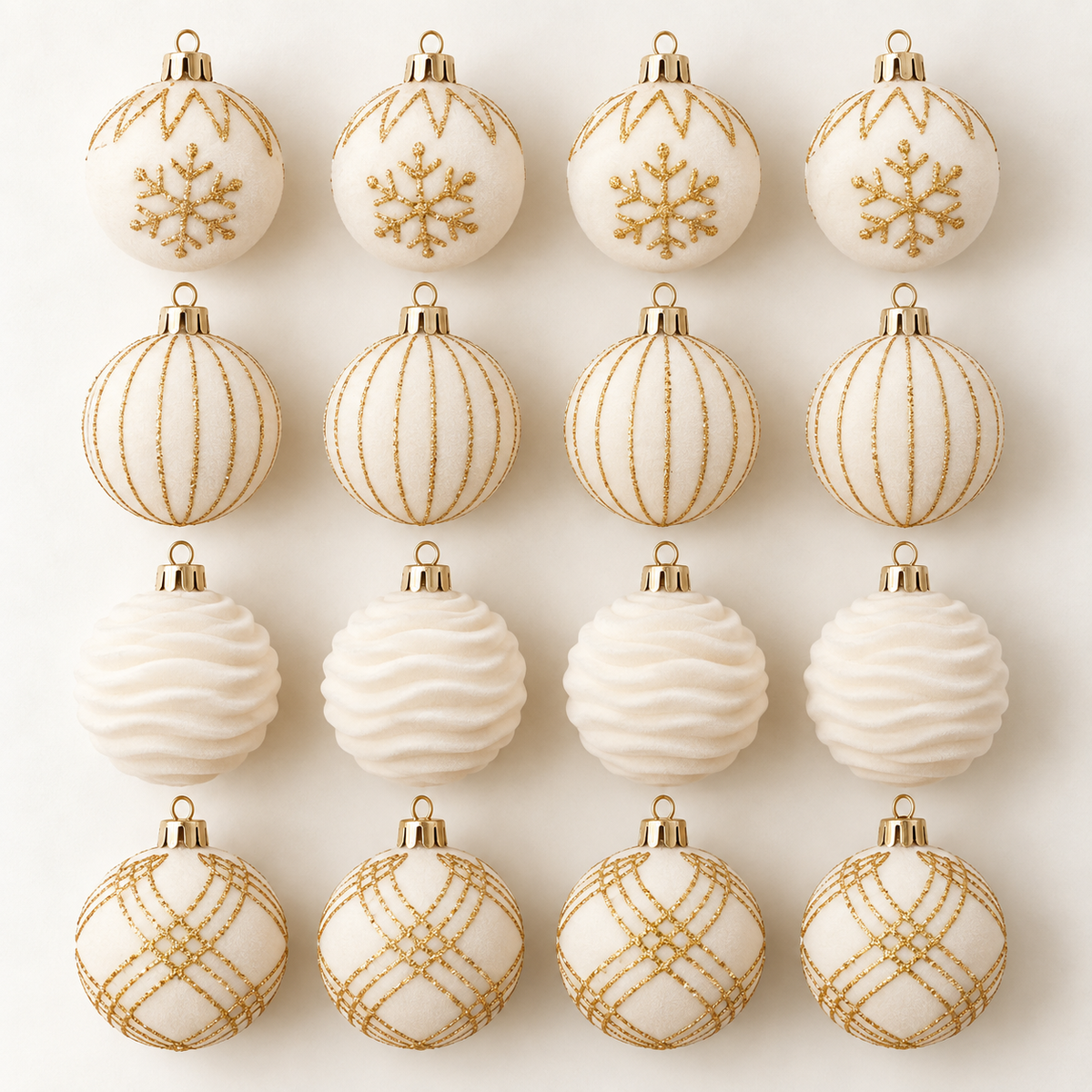 White and gold velvet Christmas ornament set, 16 pieces