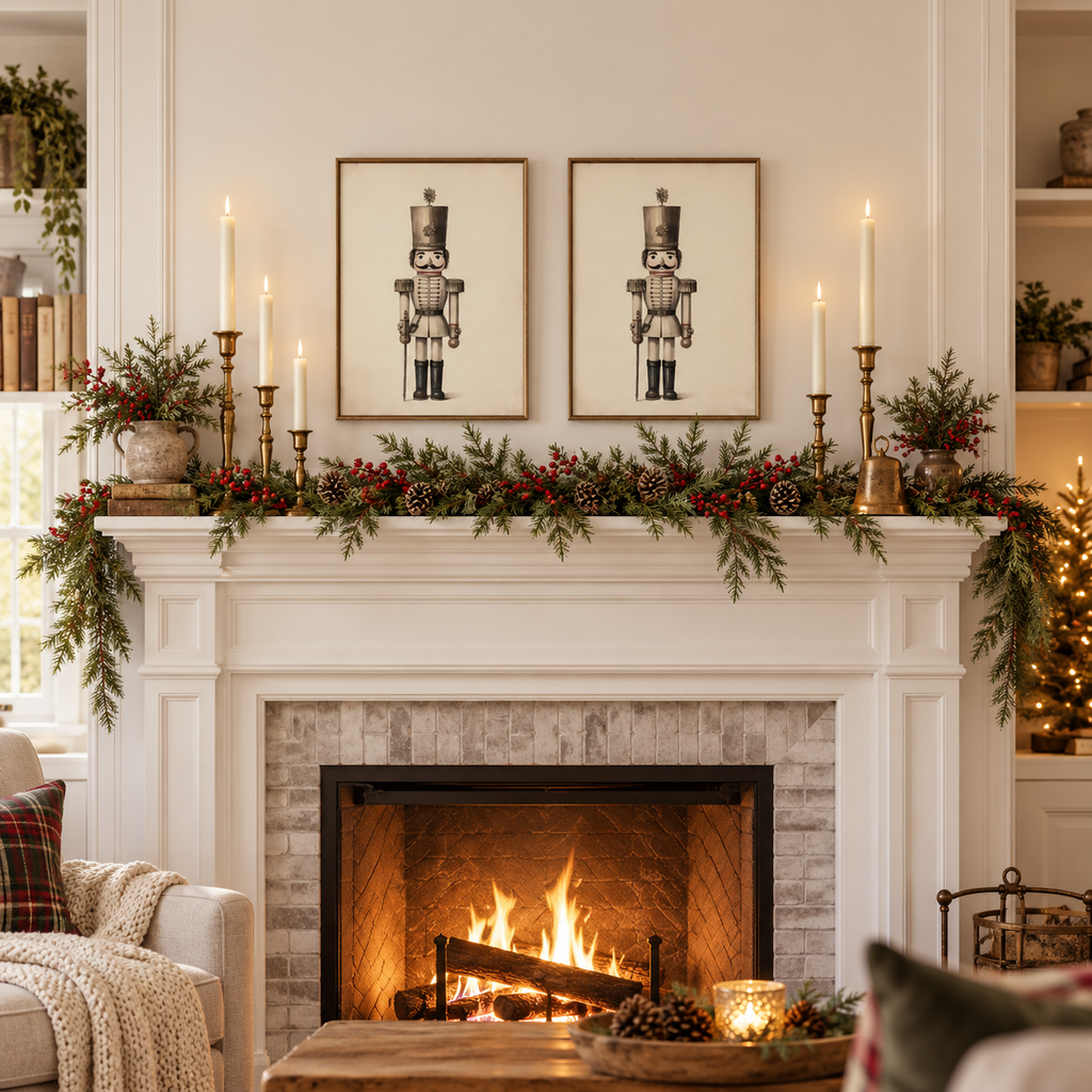 Pair of Vintage Neutral nutcracker framed prints on a holiday fireplace mantel