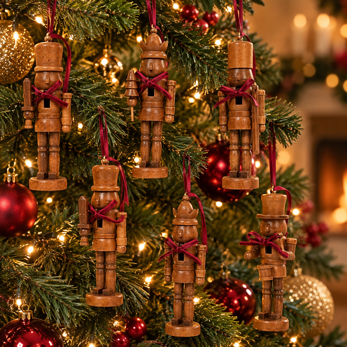 Wooden nutcracker Christmas ornaments with red ribbon hanging on a lit Christmas tree