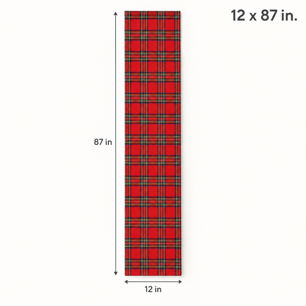 Red tartan Christmas table runner size guide, 12 x 87 inches