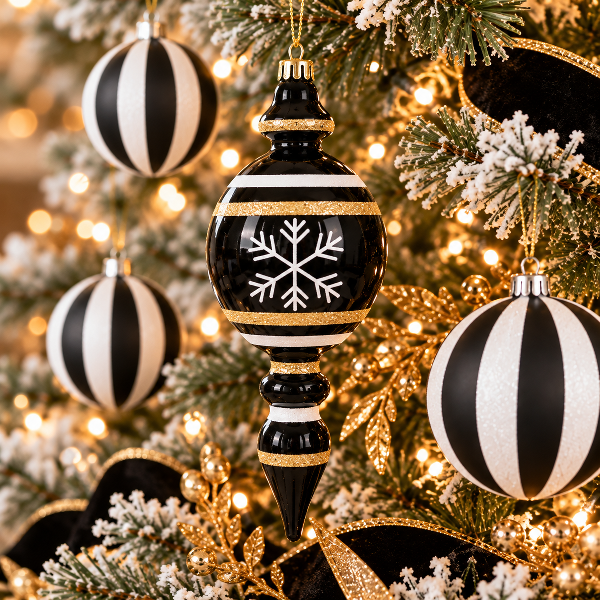 Close-up of the Snowflake finial ornament, glossy black with a white snowflake and gold glitter bands, on a lit Christmas tree